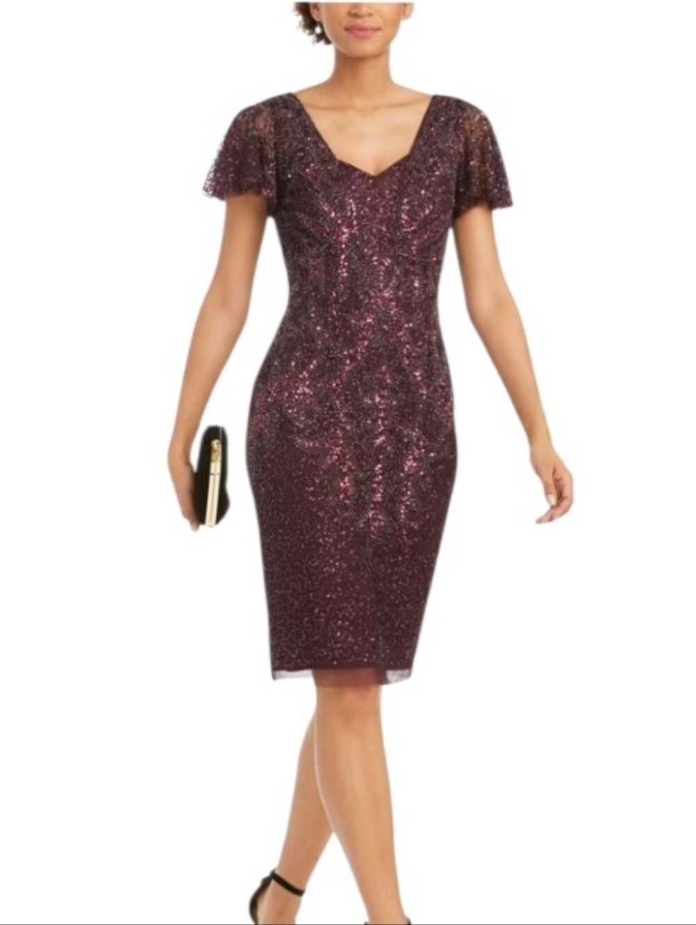 Adrianna Papell Purple Sequin Flutter Cap Sleeve V Neck Midi Cocktail Dress